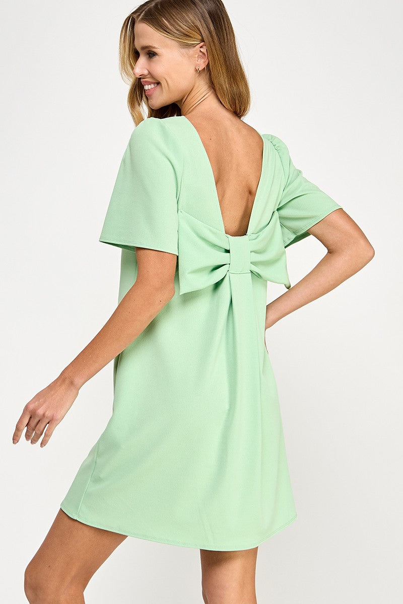 Mint Solid Bow Back Dress