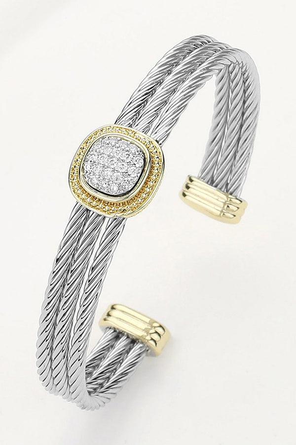 Two Tone CZ Stone Paved Square Cuff Bracelet