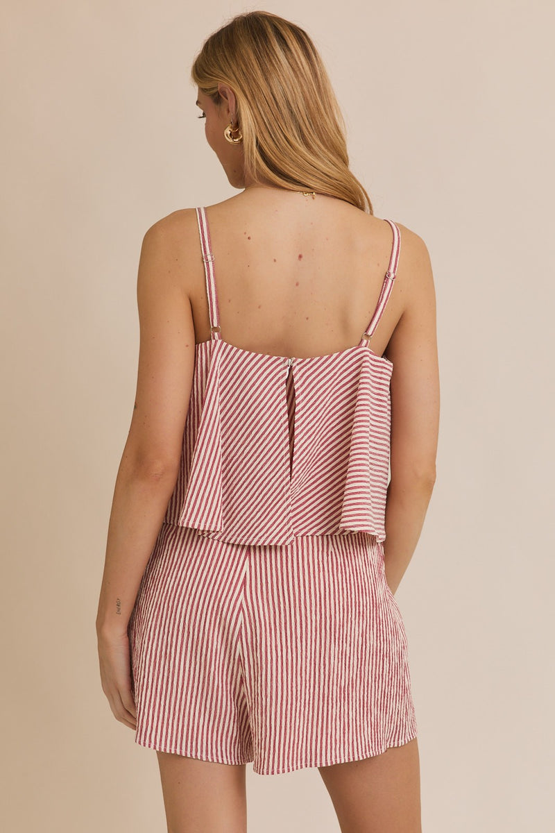 Cream And Red Sleeveless Ruffle Stripe Romper