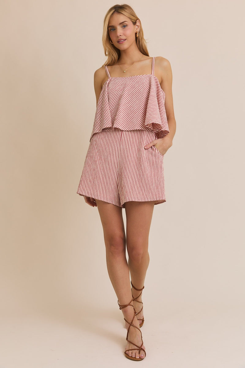 Cream And Red Sleeveless Ruffle Stripe Romper