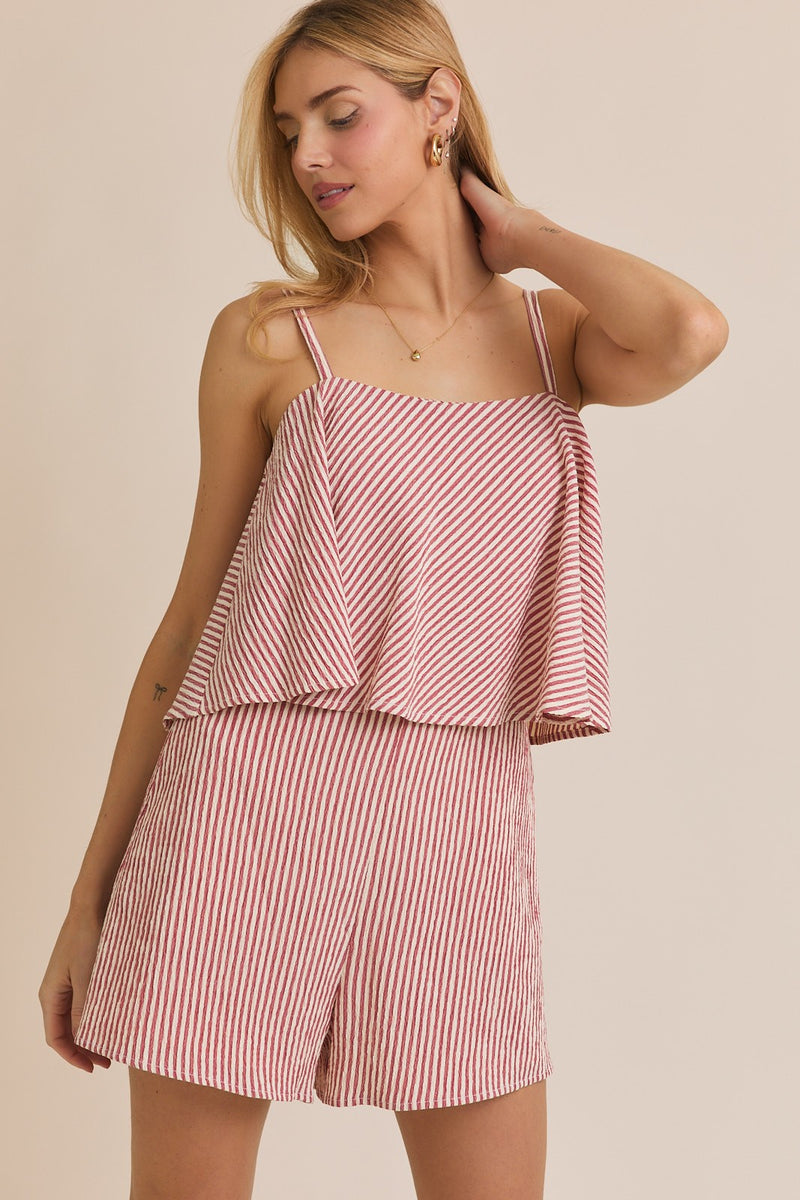 Cream And Red Sleeveless Ruffle Stripe Romper