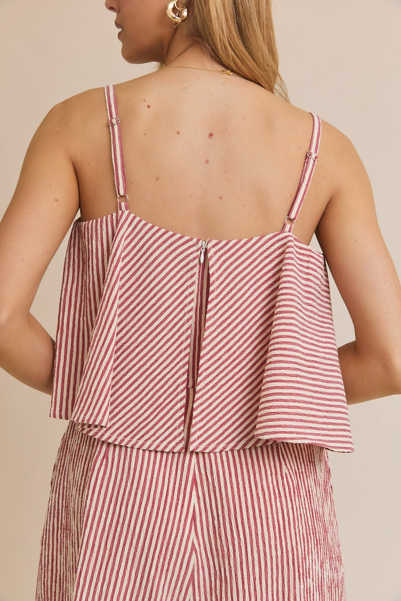 Cream And Red Sleeveless Ruffle Stripe Romper