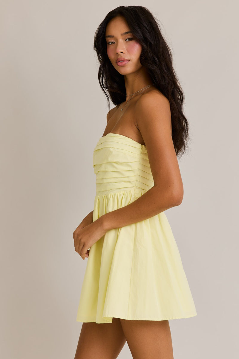 Light Yellow Strapless Pleated Detail Dress