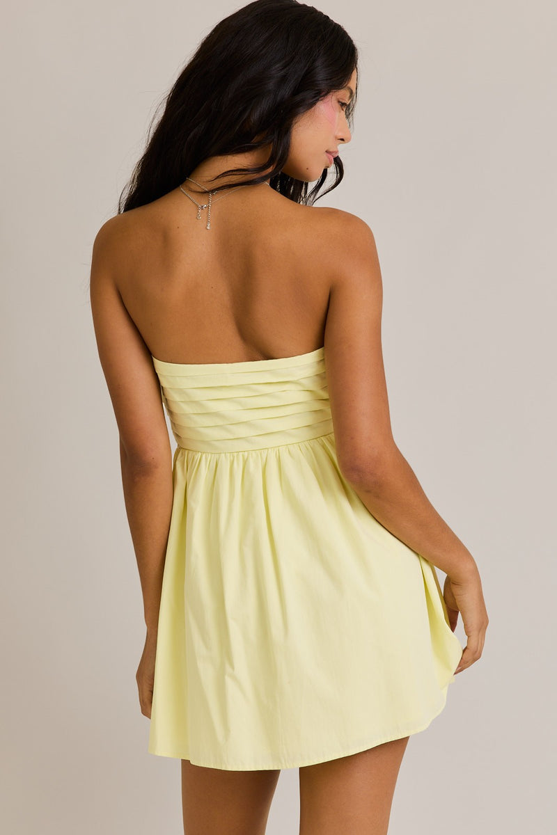 Light Yellow Strapless Pleated Detail Dress