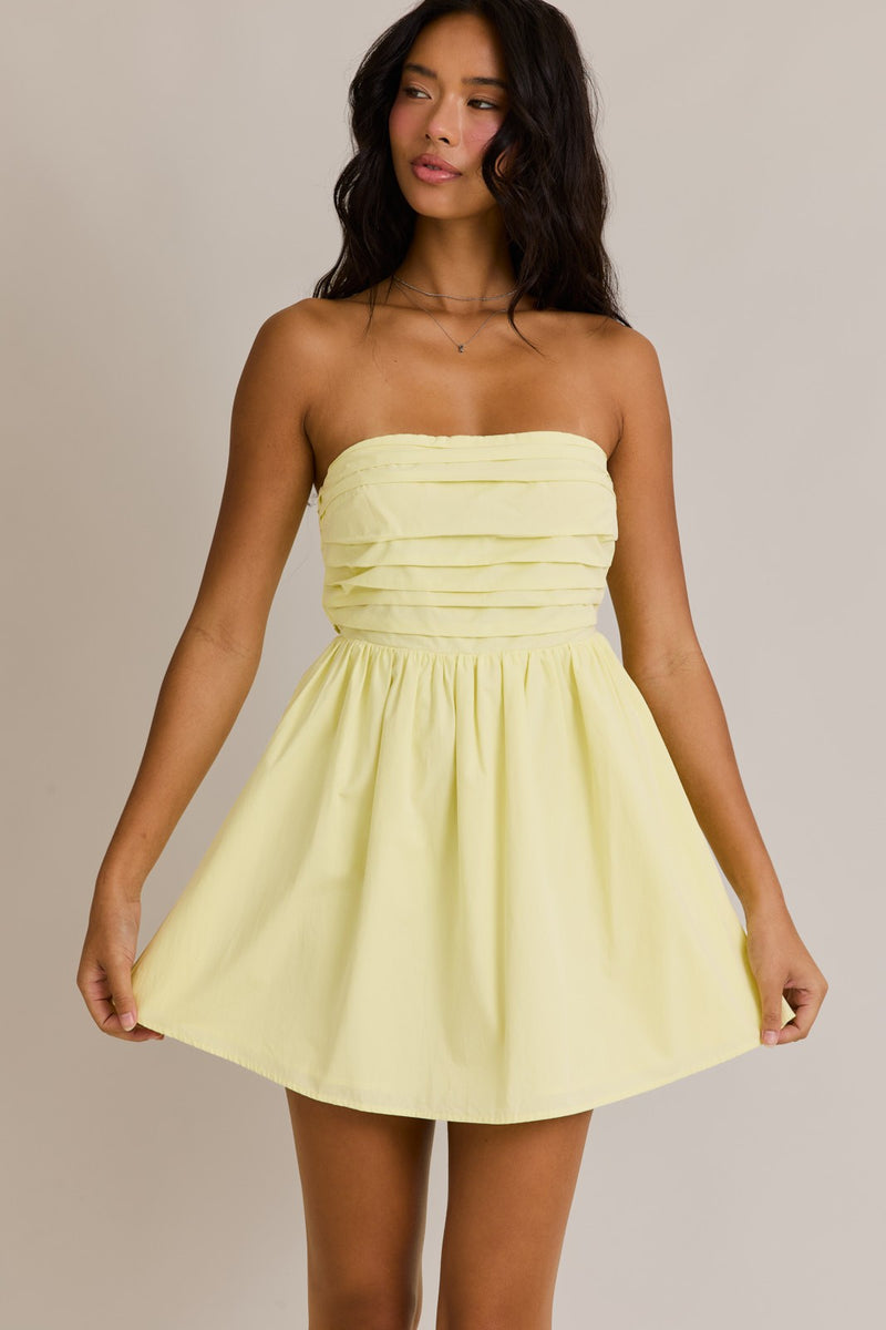 Light Yellow Strapless Pleated Detail Dress