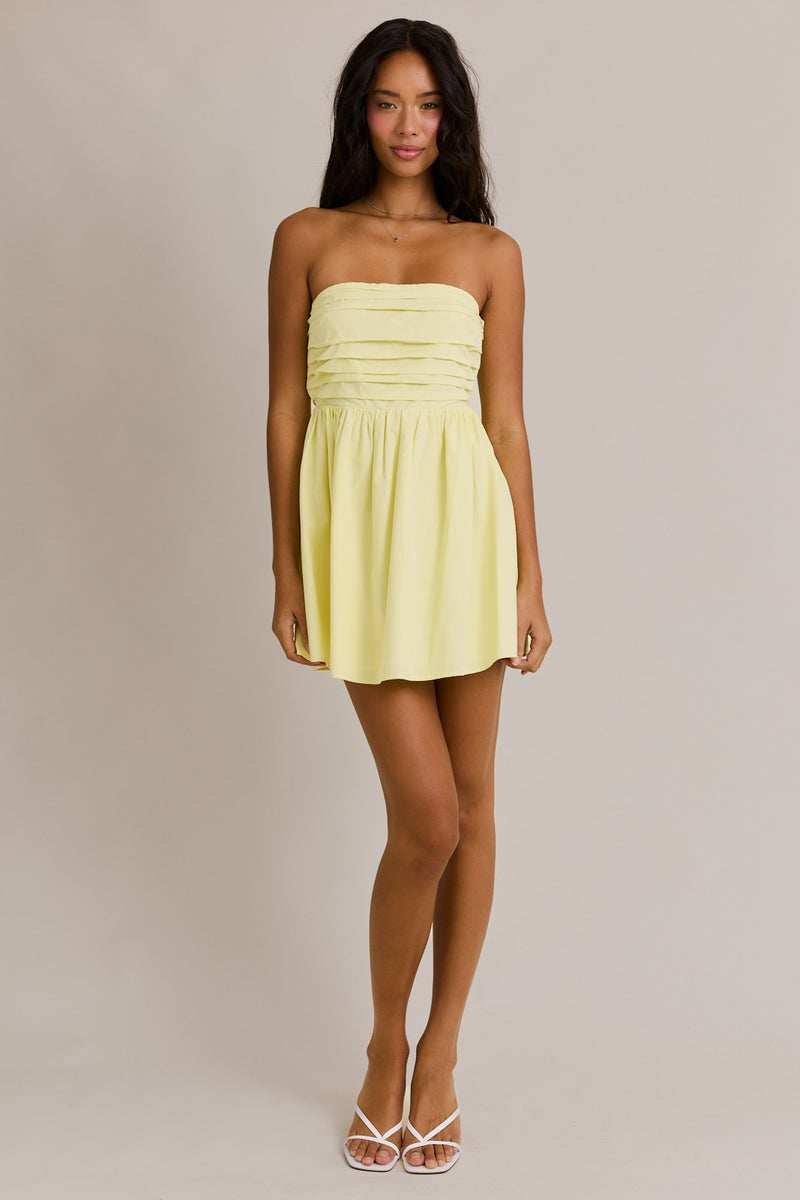 Light Yellow Strapless Pleated Detail Dress