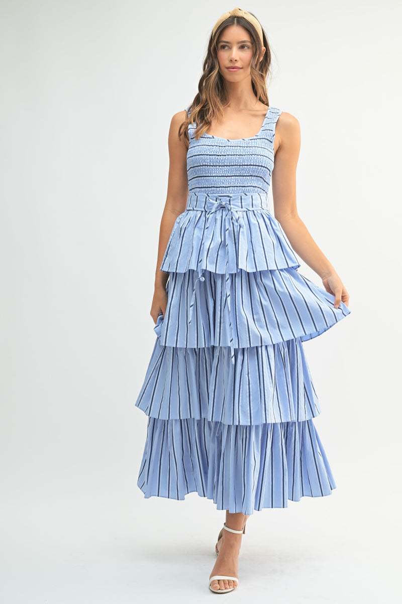 Mable PIN STRIPE SMOCKED BODICE TIERED MIDI DRESS