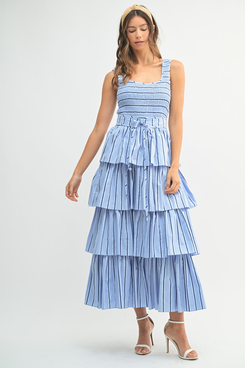 Mable PIN STRIPE SMOCKED BODICE TIERED MIDI DRESS
