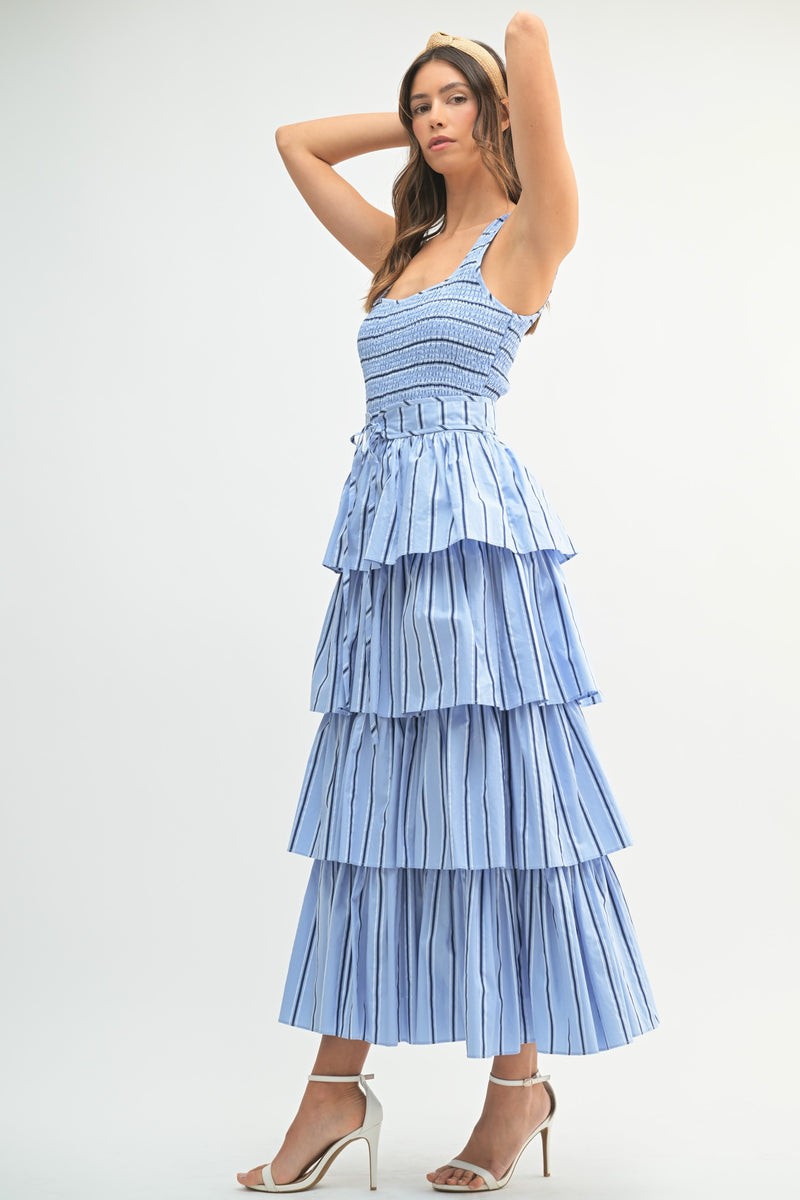 Mable PIN STRIPE SMOCKED BODICE TIERED MIDI DRESS