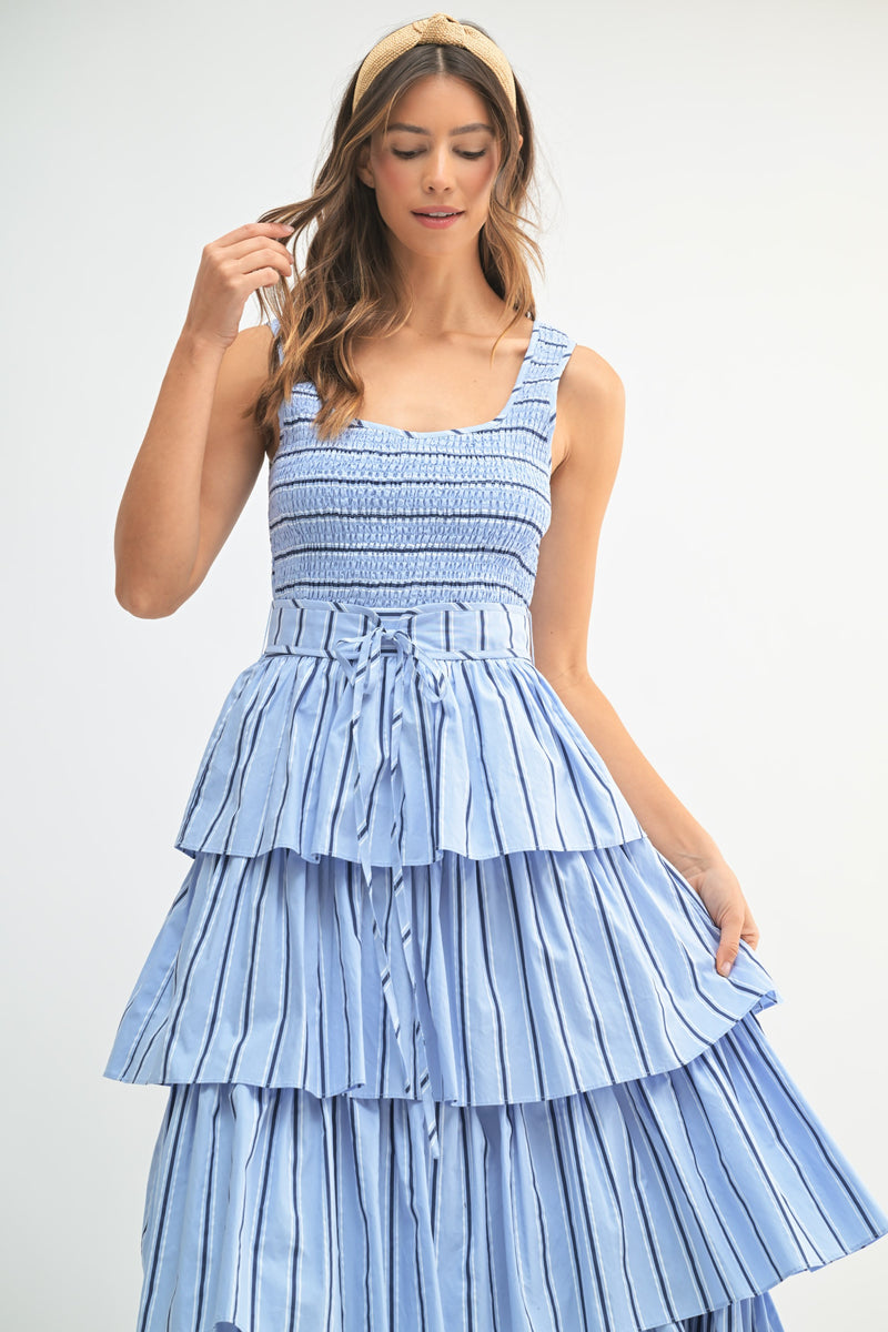 Mable PIN STRIPE SMOCKED BODICE TIERED MIDI DRESS