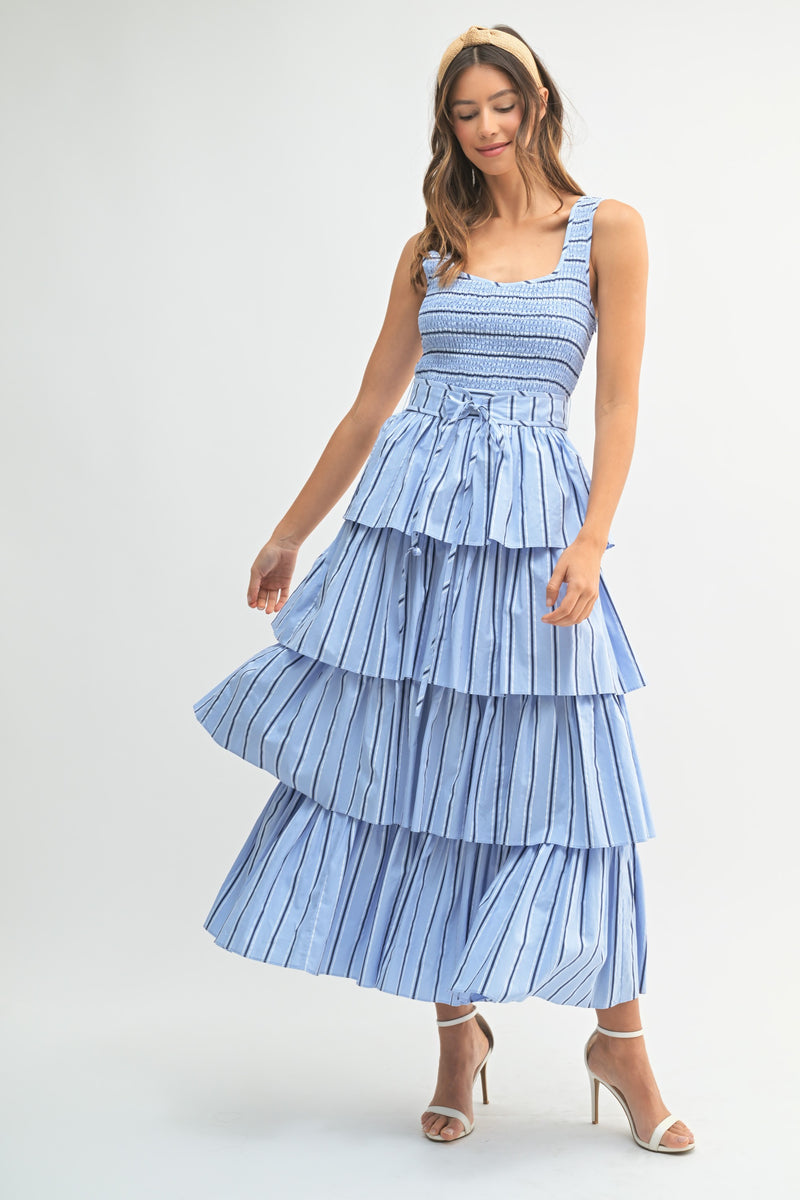 Mable PIN STRIPE SMOCKED BODICE TIERED MIDI DRESS