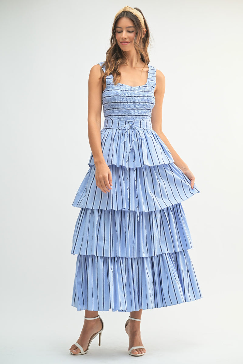 Mable PIN STRIPE SMOCKED BODICE TIERED MIDI DRESS