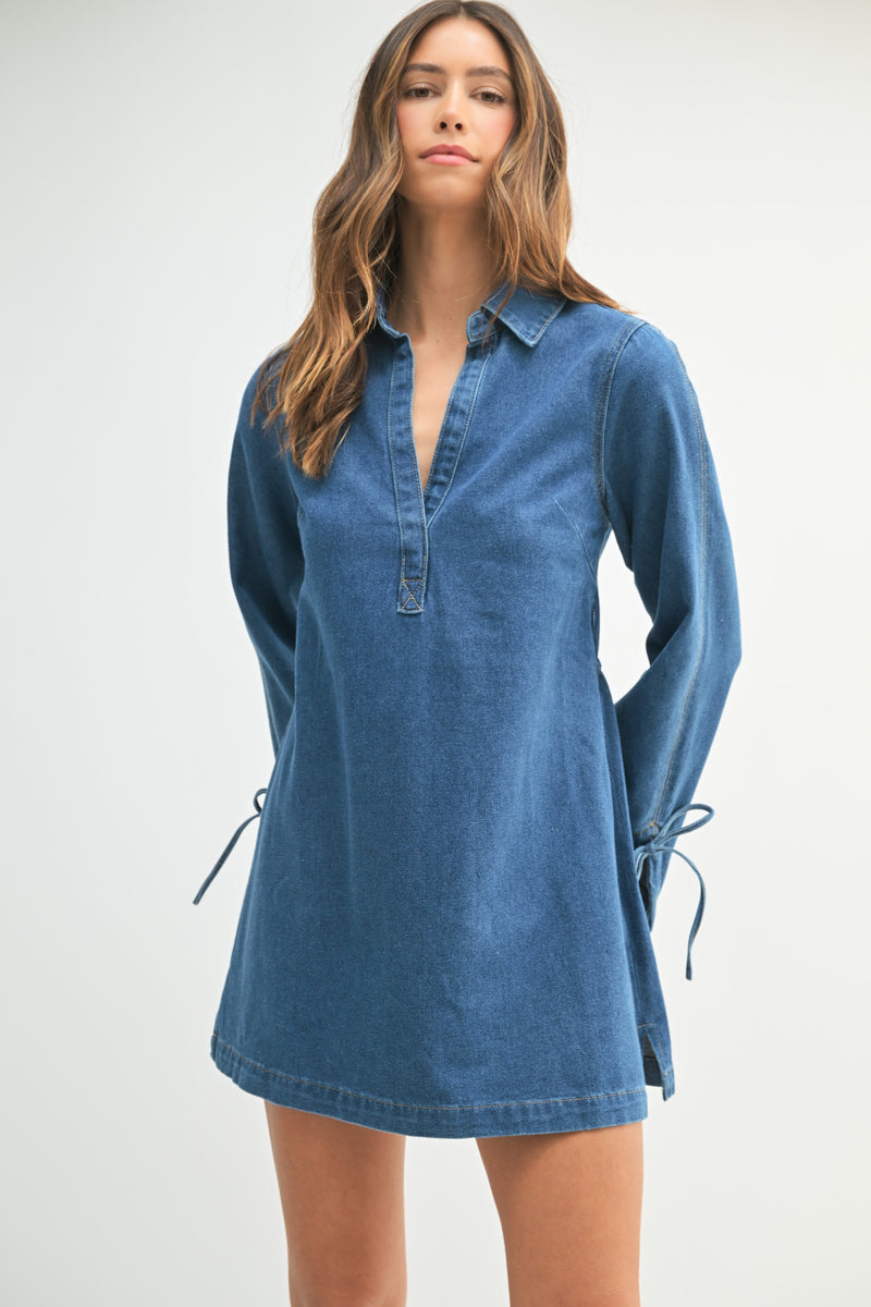 Mable Denim Shirt Collar V Neck Dress