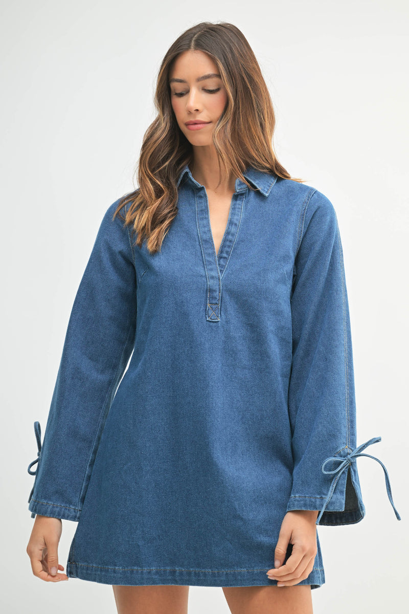 Mable Denim Shirt Collar V Neck Dress