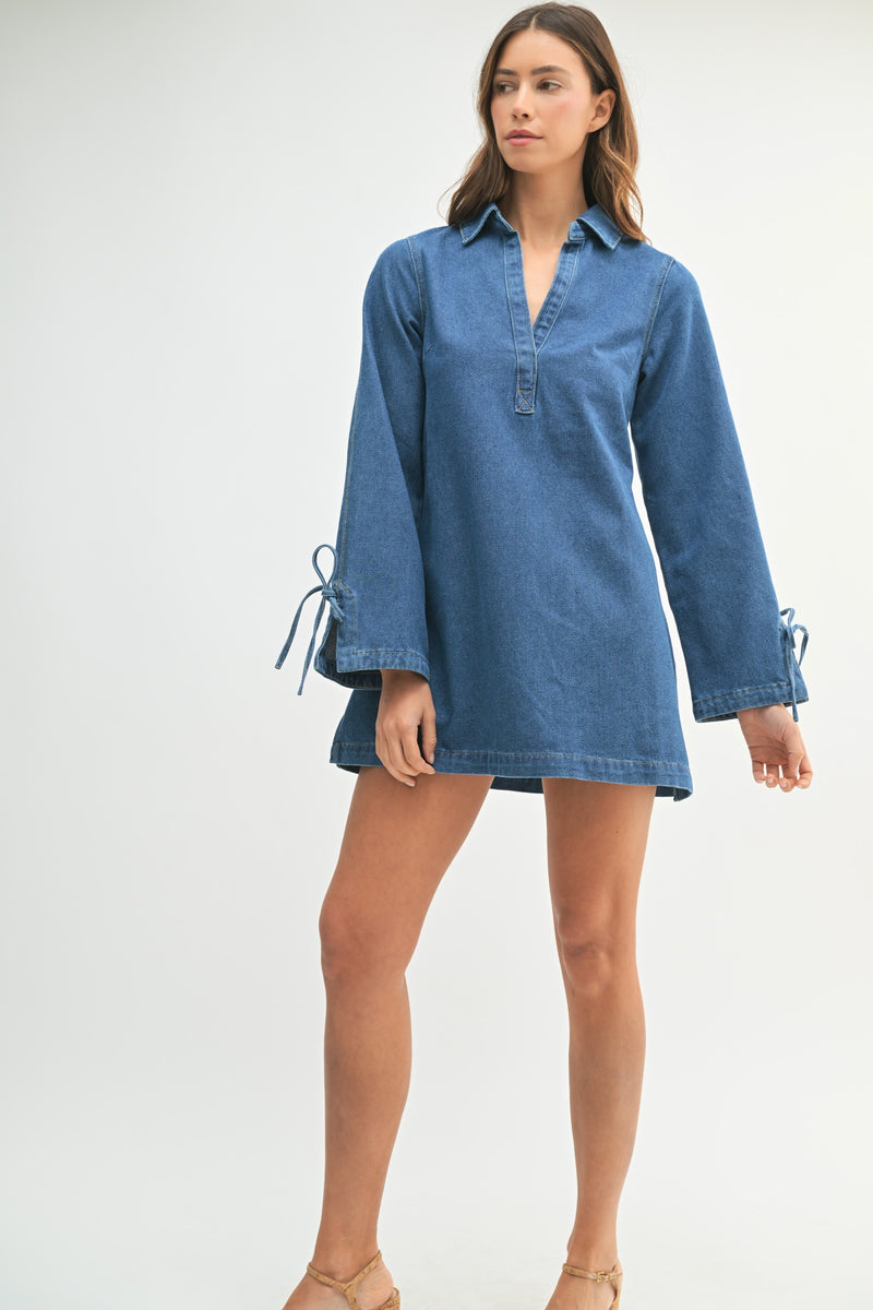 Mable Denim Shirt Collar V Neck Dress