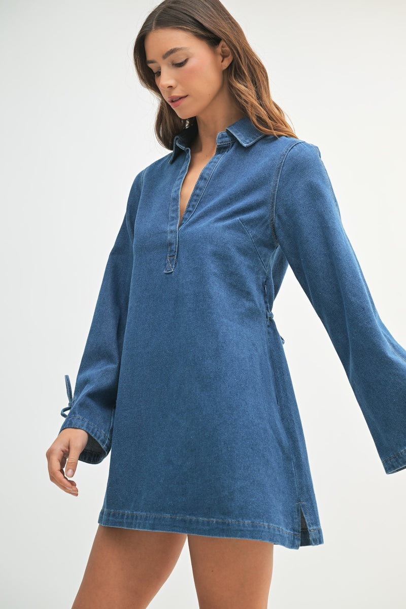 Mable Denim Shirt Collar V Neck Dress