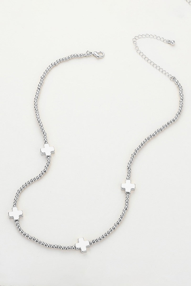 Metal Silver Cross Pendant Station Bubble Chain Necklace