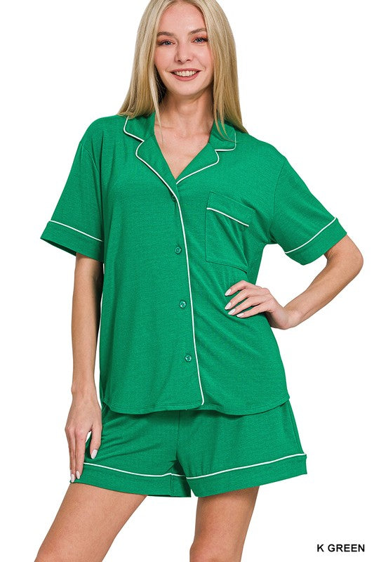 Lounge Wear Two Piece Green Short Sleeve Button Down Shirts & Shorts