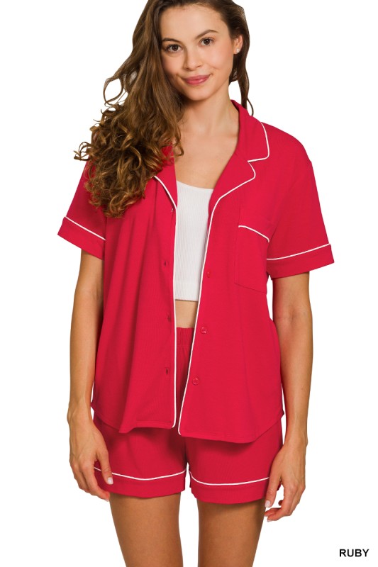 Lounge Wear Two Piece Red Short Sleeve Button Down Shirts & Shorts