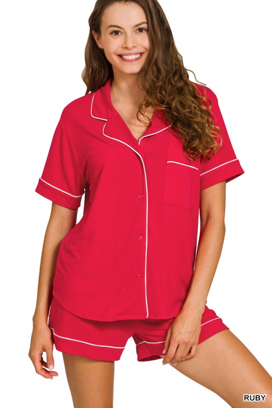 Lounge Wear Two Piece Red Short Sleeve Button Down Shirts & Shorts