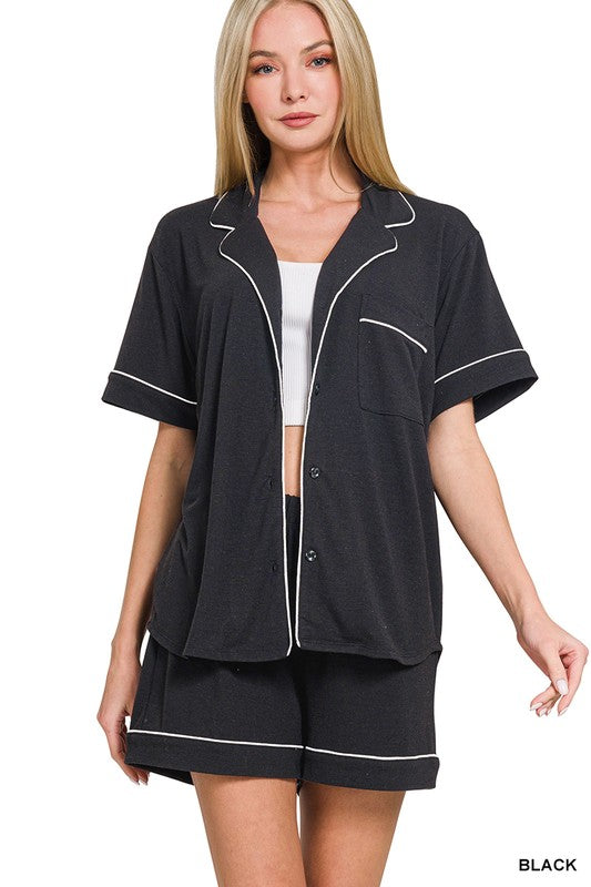 Lounge Wear Two Piece Black Short Sleeve Button Down Shirts & Shorts