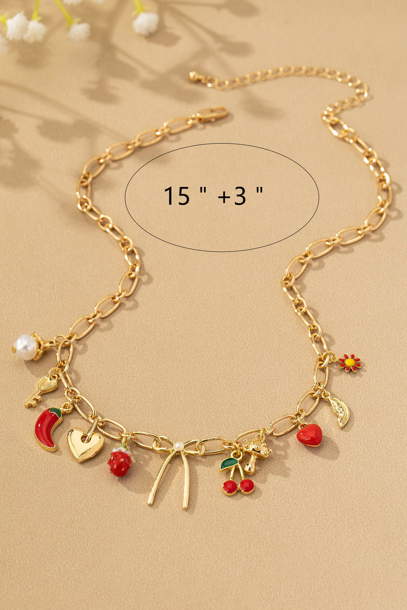 Multiple Fruits Heart And Bow Charm Necklace