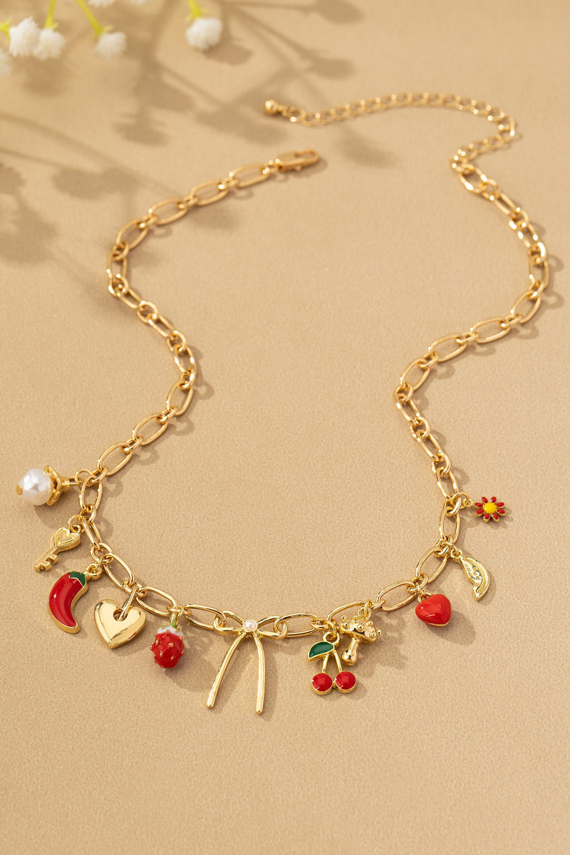 Multiple Fruits Heart And Bow Charm Necklace