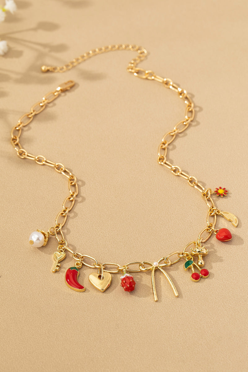 Multiple Fruits Heart And Bow Charm Necklace