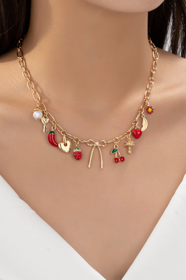 Multiple Fruits Heart And Bow Charm Necklace