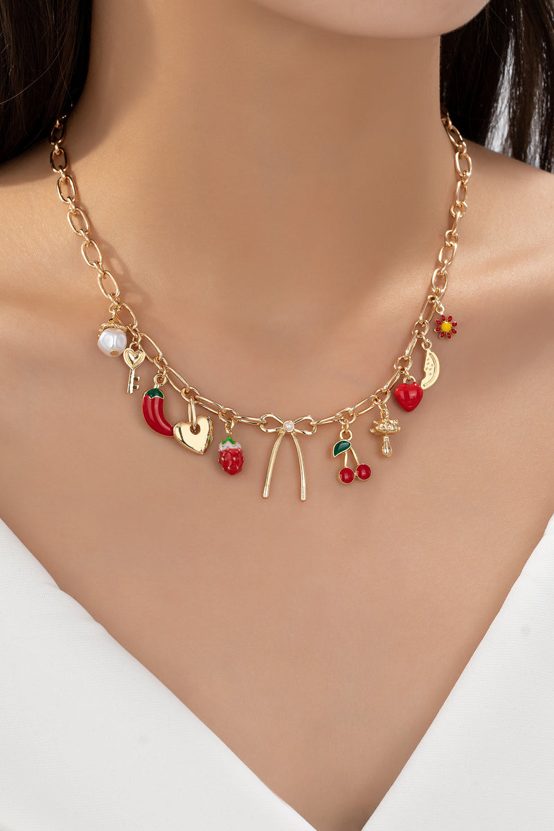 Multiple Fruits Heart And Bow Charm Necklace