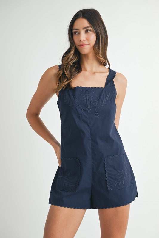Navy Embroidered Sleeveless Square Neck Romper