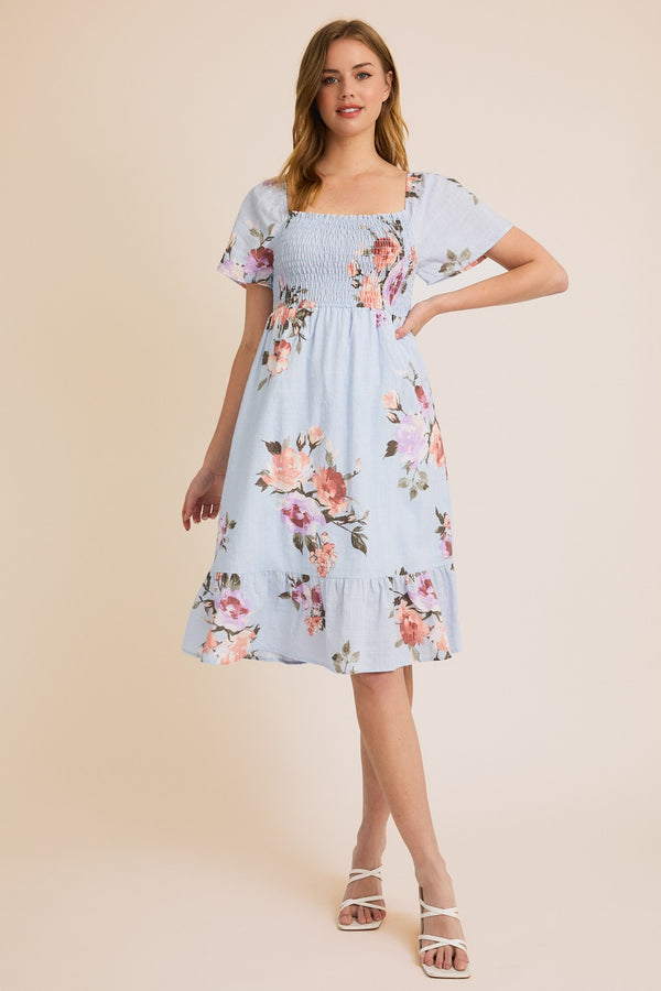 Smocking Short Sleeve Ruffle Hem Floral Dress