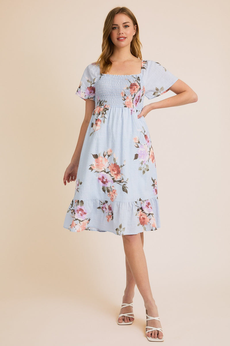 Smocking Short Sleeve Ruffle Hem Floral Dress
