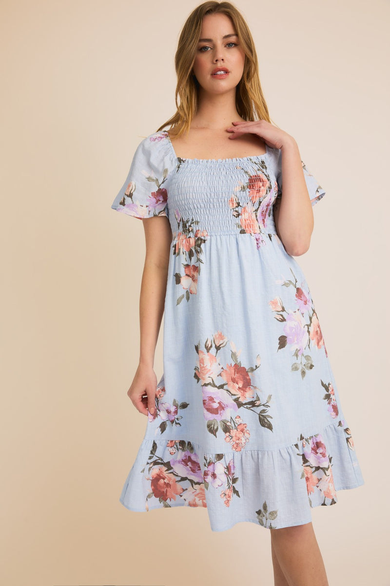 Smocking Short Sleeve Ruffle Hem Floral Dress