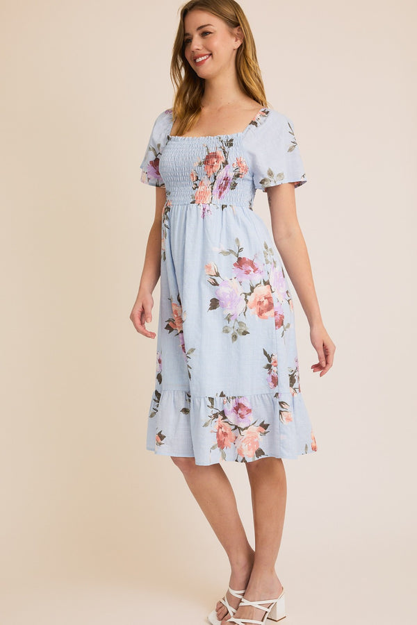 Smocking Short Sleeve Ruffle Hem Floral Dress