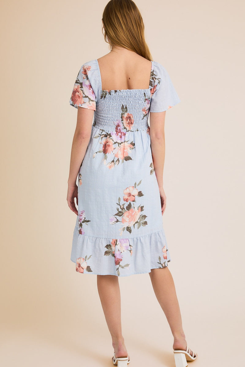 Smocking Short Sleeve Ruffle Hem Floral Dress
