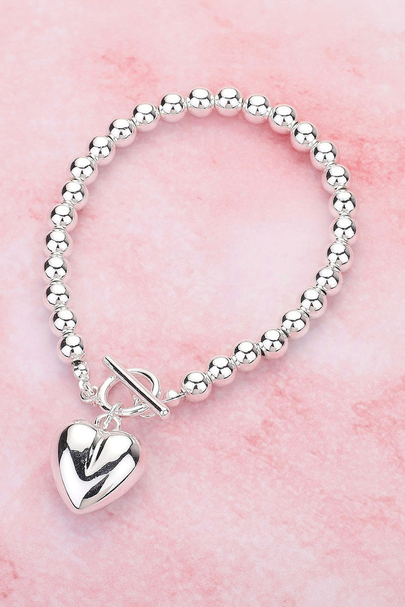 Silver Metal Heart Charm Bubble Chain Toggle Bracelet