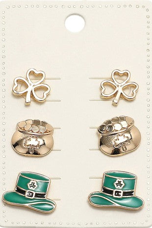 3 Pair Of Metal St Patrick's Clover Earring Set