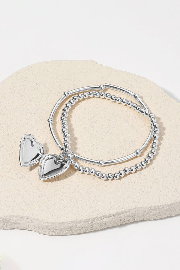 SECRET BOX Silver Heart Charm Double Stretch Bracelet