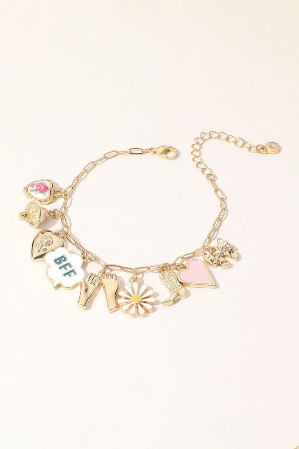 Enamel Heart Flower Cowboy Boot Charm Bracelet