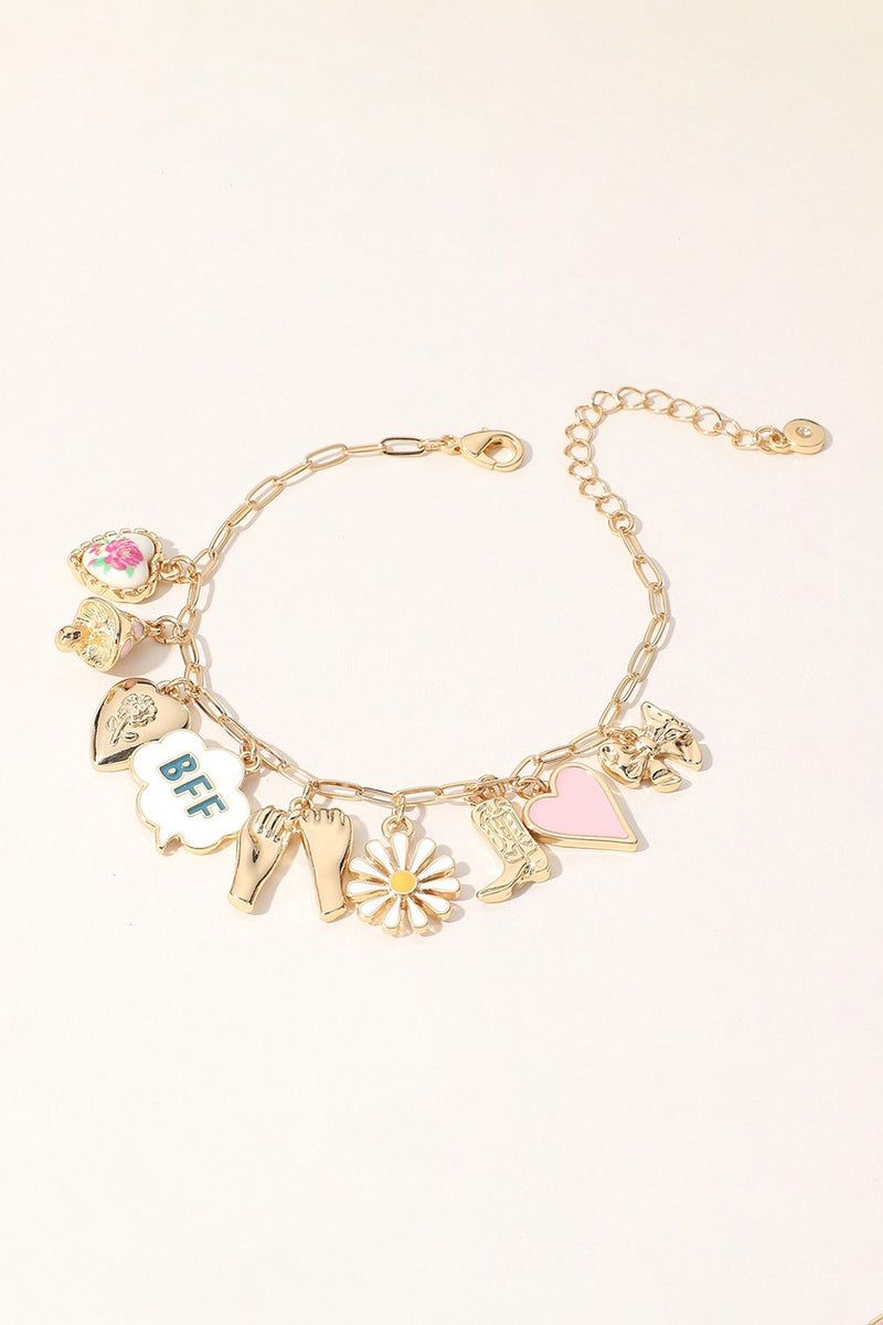 Enamel Heart Flower Cowboy Boot Charm Bracelet