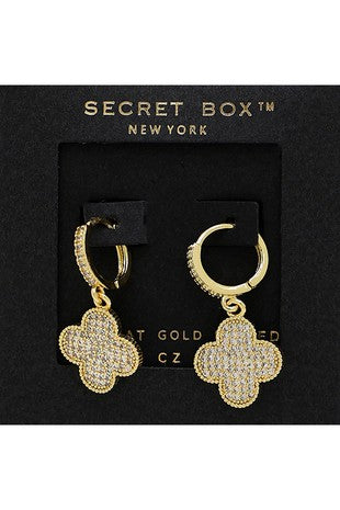 SECRET BOX_14K Gold CZ Quatrefoil Hoop Earrings