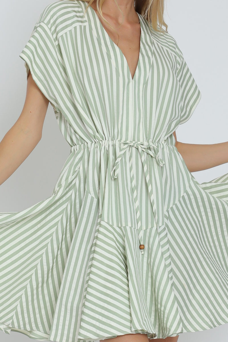 Sage And Ivory Tie Front Waisted Stripe Dress