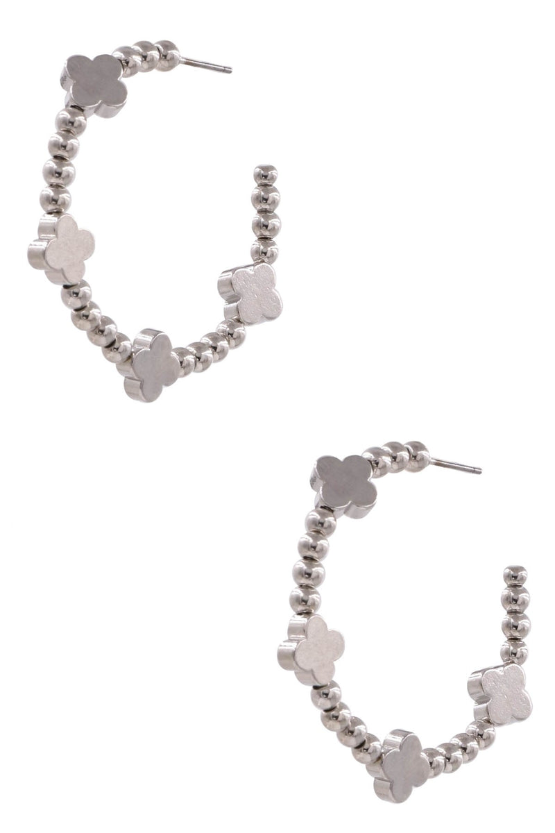 Metal Silver Quatrefoil Beaded Hoop Earrings