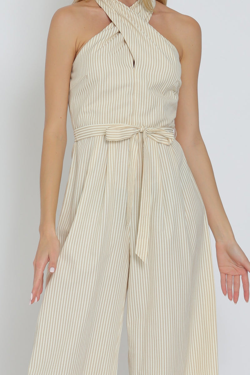 HALTER BELTED STRIPE JUMPSUIT