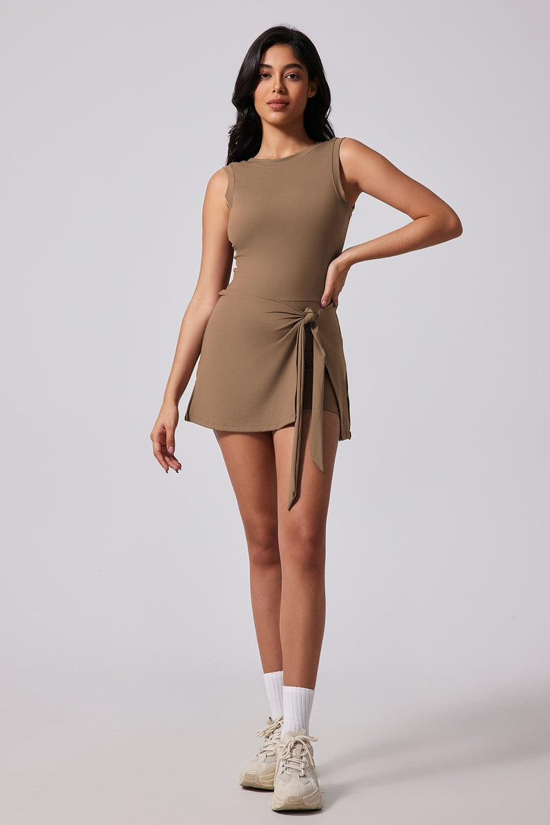 Coffee Sleeveless Tie Front Tennis Dress With Shorts