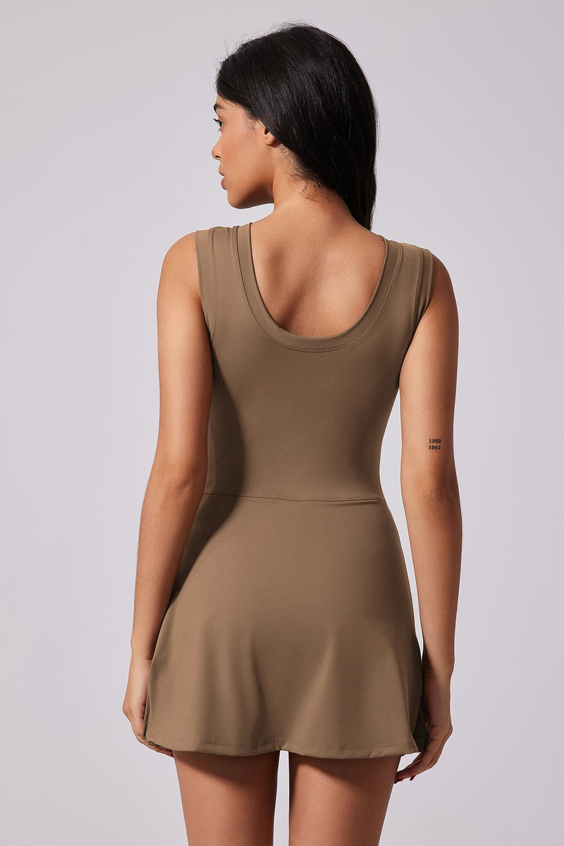 Coffee Sleeveless Tie Front Tennis Dress With Shorts