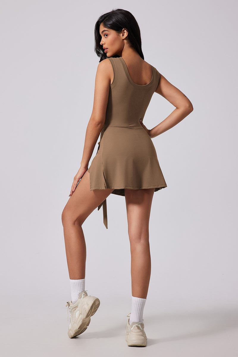 Coffee Sleeveless Tie Front Tennis Dress With Shorts