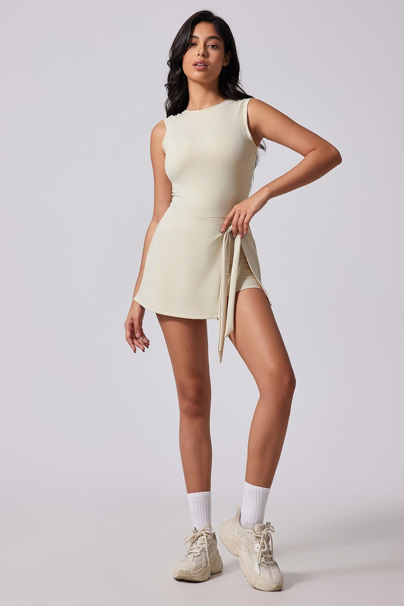 Cream Sleeveless Tie Front Tennis Dress With Shorts