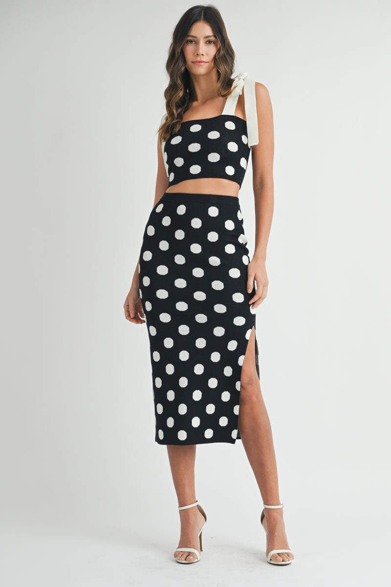 Polka Dot Knit Tie Strap Top And Skirt Set